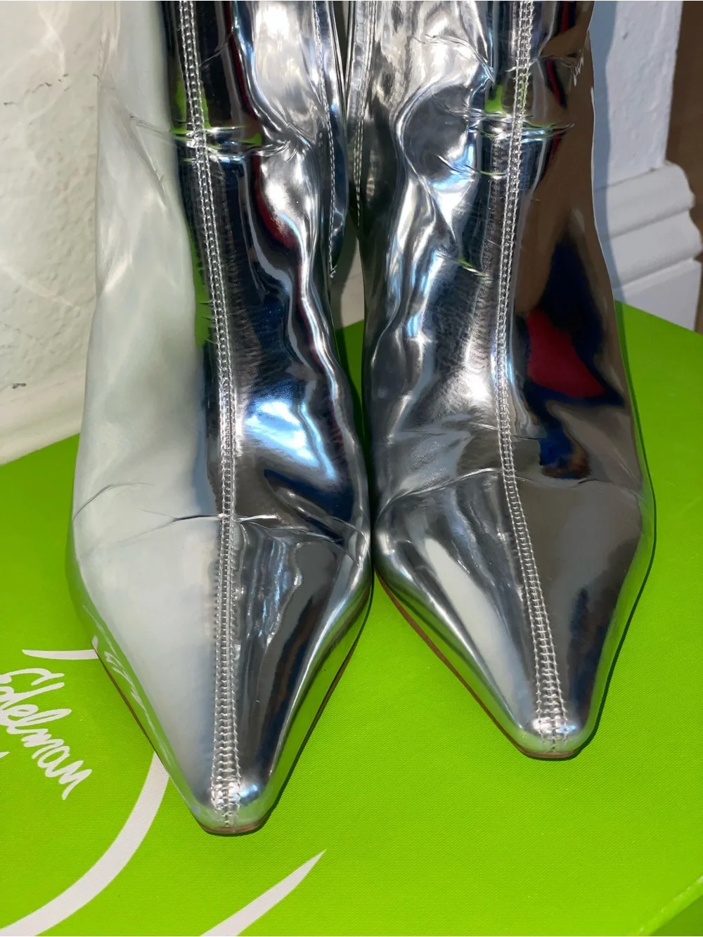 Sam Edelman Vance 2 Knee High Boots Soft Silver Metallic Pointed Toe Block Heel